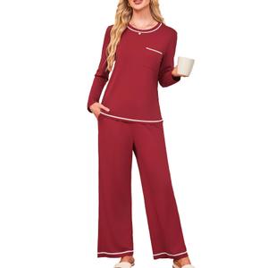Besshopie Womens Pajamas Sets Long Sleeve Sleepwear Set 2 Piece Lounge Sets Comfortable Nightshirts,Burgundy,XX-Large (XXL)