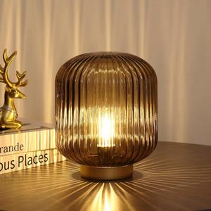 Battery Operated Lamp, Small Table Lamp with LED Bulb, Battery Powered Lamp Cordless Decorative Glass Beside Lamp for Bedroom Living Room Hallway (Brown) (Brown)