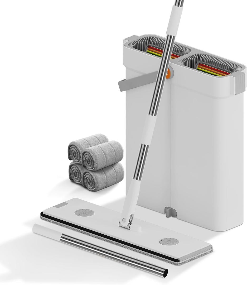 O-MART Mop and Bucket Set- Includes Wringer & 4 Washable Microfiber Pads, Flat Mop for Wet and Dry Use on All Floor Types, Wall & Windows Cleaning