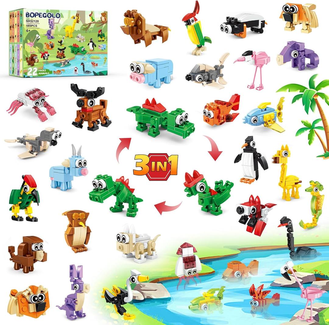 22 Pack Party Favors for Kids  3-in-1 Animal Building Block Toys, Featuring 66 Designs, Goodie Bag Stuffers, Classroom Rewards, Birthday for Kids Ages 6-12