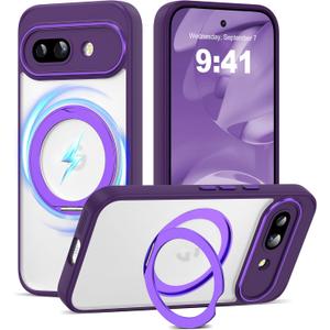 Compatible with Google Pixel 9a Case with 360 Magnetic Stand [Compatible with Mag-Safe ][Camera Lens Protector] Shockproof Translucent Phone Case for Google Pixel 9a 6.3'',Purple