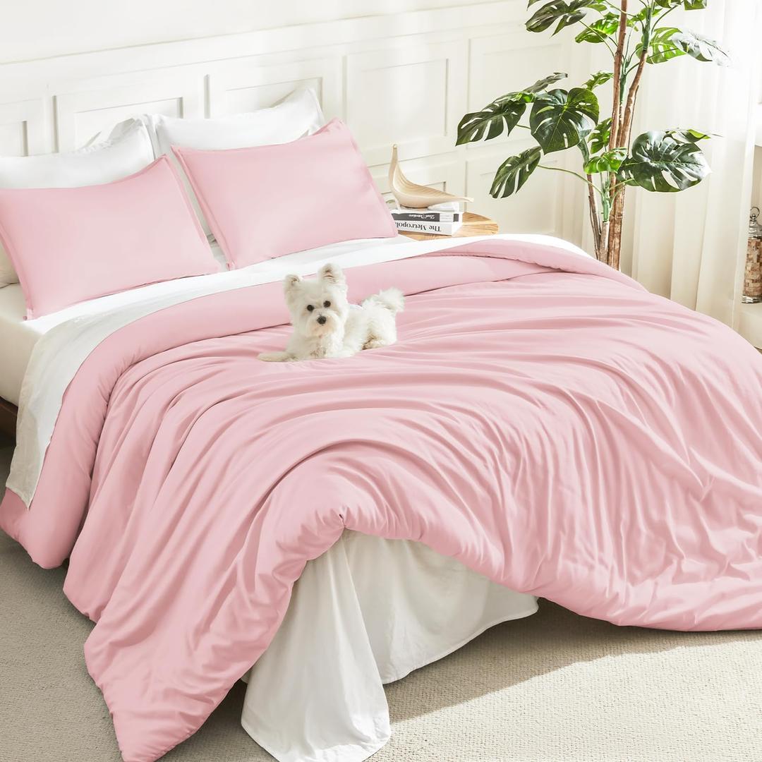 Litanika Pink Comforter Set Queen Size, 3 Pieces Lightweight Soft Fluffy Solid Bedding Set, All Season Bed Set (90x90In Comforter & 2 Pillowcases)