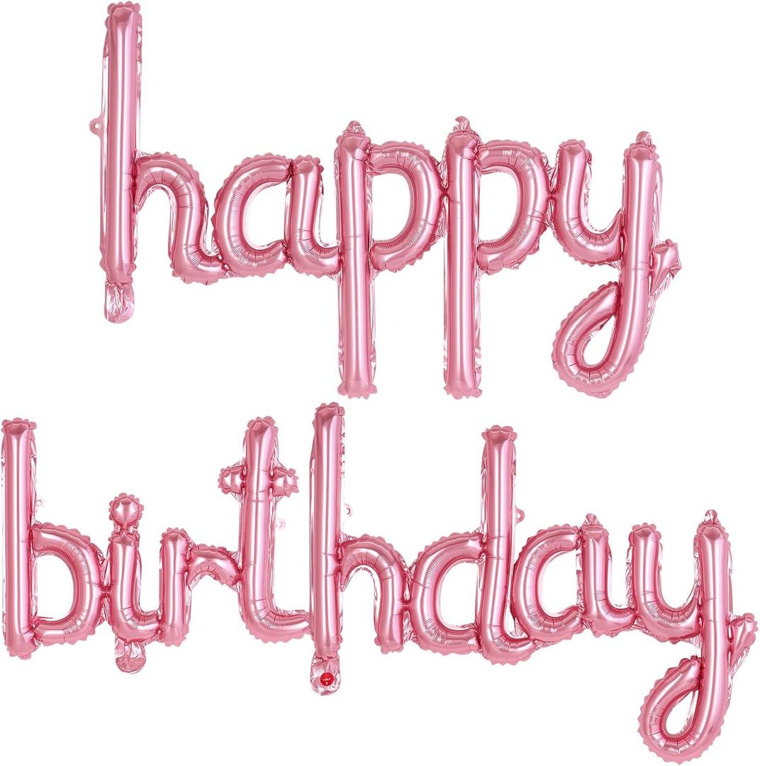 Happy Birthday Balloons Banner Foil Letters Balloons Connected, Personalized Birthday Signs for Women Men Boys Girls Birthday Party Decorations, Small Pink