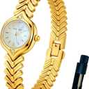Small Gold Watches for Women's Dainty Analog Dress,Unique Designer Trendy Bangle Bracelets for Women Diamond Watch Oval Case Mother of Pearl Dial, Water Resistant with Tools