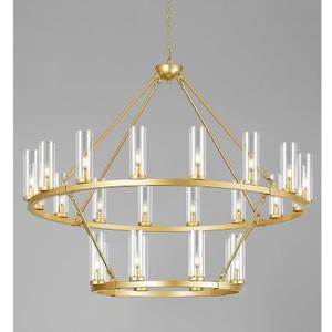 48 Inch Large Gold Wagon Wheel Chandelier with Clear Glass Shade 2 Tier 24-Lights Round Pendant Light Farmhouse Industrial Chandeliers Dining Room Light Fixture for Stair Living Room Foyer