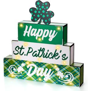 St Patrick's Day Decor Wooden Sign 13 LED Lights Happy St Patrick's Day Light up Wood Block Set Farmhouse Battery Operated Lucky Decorations for Table Mantle Centerpiece Tiered Tray Gifts