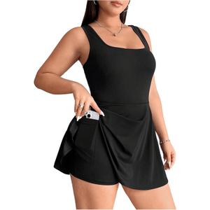 SOLY HUX Women's Plus Size Sleeveless Rompers Square Neck Athletic Tennis Dress Built in Shorts (XX-Large Plus, Plain Black)
