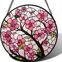 Stained Glass Window Hanging - Cherry Blossoms Birth Flower Suncatcher for Door Garden Patio Sun Catchers Decor Christmas Mother's Day Birthday Gifts for Women Mom Nana Friend Wife 6.3 in