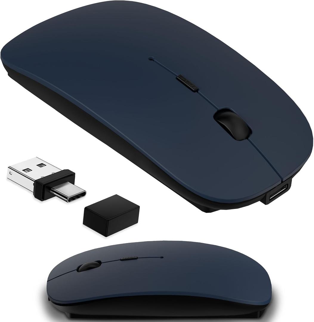 Wireless Mouse for MacBook & iPad, Bluetooth 5.2/3.0 & 2.4G USB-C/USB-A, Rechargeable Silent Slim Mouse with Multi-Device Switching & Activity Mode to Prevent Screen Lock - Blue