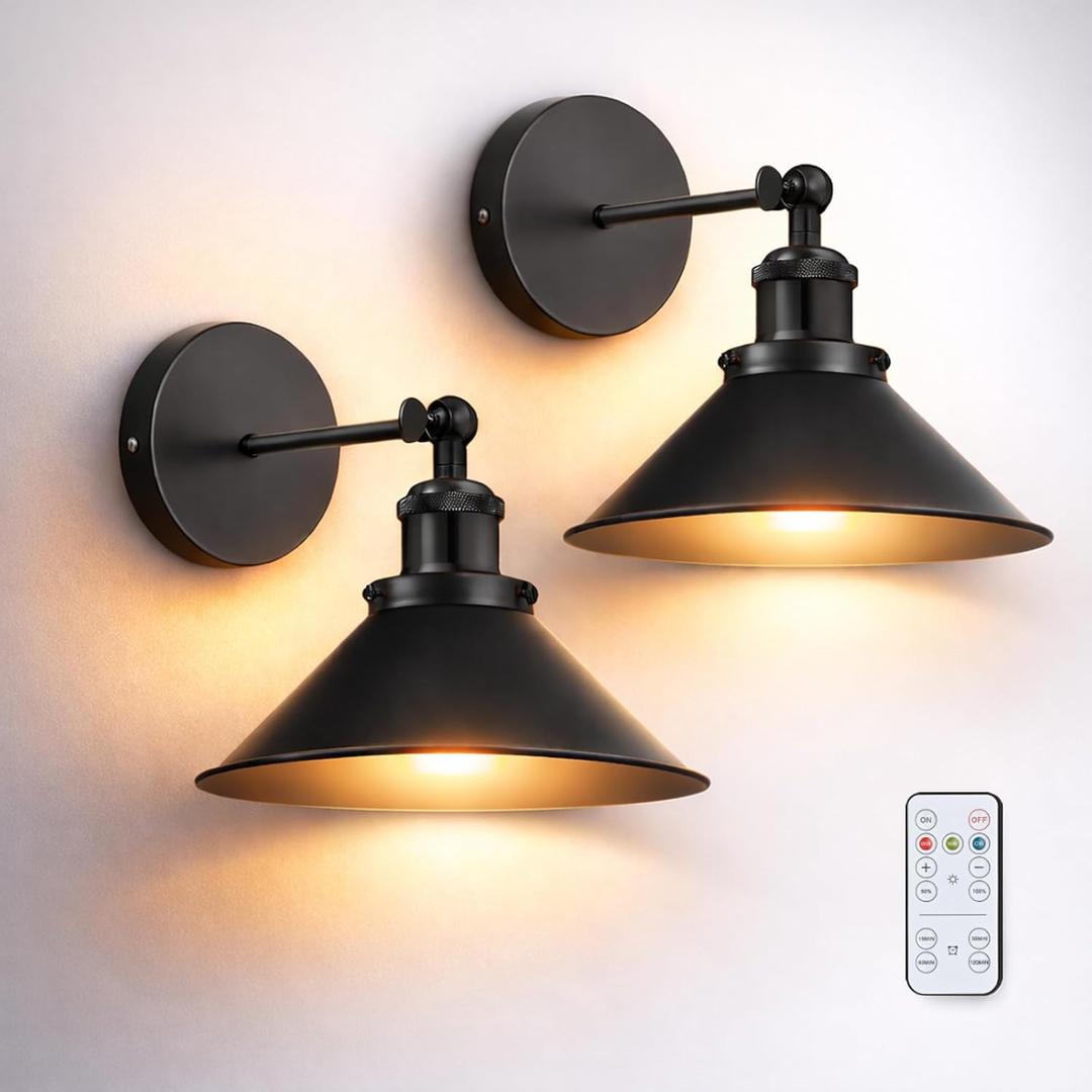Battery Operated Wall Sconce Set of 2,Vintage Sconces Wall Decor Set of 2 with Remote,Dimmable Wall Lights for Living Room,Wall Lamp Fixture Indoor Bedroom Farmhouse Gallery Kitchen,Black