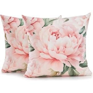 Pink Peony Floral Throw Pillow Covers 18x18 Set of 2, Soft Velvet Decorative Cushion Cases, Shabby Chic Farmhouse Home Decor for Sofa Couch Bed