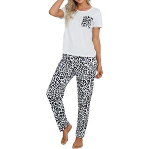Pajamas for Women Sets Short Sleeve Top & Leopard Print Pjs Pants Cozy 2 Piece Sleepwear Comfy Loungewear with Chest Pocket & Elastic Waist - Soft Breathable Relaxed Fit for Sleep or Gifting, Size: Medium