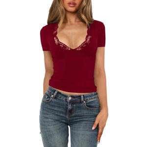 Women's Short Sleeve Sexy Lace V-Neck Summer Going Out 2025 Crop Tops Slim Fit Tees Trendy Y2k Clothing (XS)