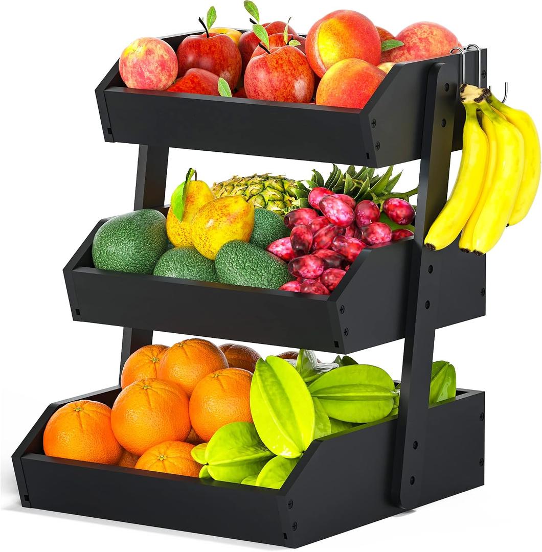 Gmtsl Bamboo Fruit Basket for Kitchen 3 Tier Fruit Bowl For Kitchen Counter, Large Fruit Holder With 2 Banana Hangers, Idea For Fruit and Vegetable Storage, Bread Basket, Snack Organizer(BLACK)