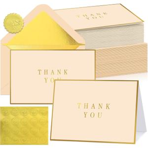 Gueevin 60 Pcs Thank You Cards with Envelopes and Stickers Bulk 3.5 x 5 Inch Gold Border Blank Thank You Notes Cards or Graduation, Teacher, Employee Appreciation, Wedding, Anniversary (Gold & Beige)