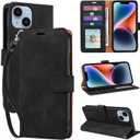  iPhone 14 Wallet Case, [RFID Blocking 4 Card Slots] [Kickstand] [Wrist Strap] [Magnetic Closure] Soft PU Leather Shockproof Protective Flip Cover for iPhone 14 Case 6.1 Inch (Black)
