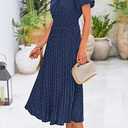 PRETTYGARDEN Womens Summer Midi Dresses Puff Short Sleeve V Neck Swiss Dot Pleated A Line Flowy Long Wedding Guest Dress, Size M