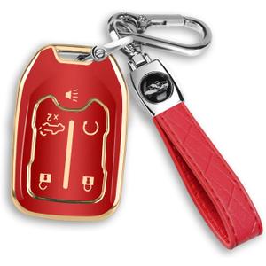 For GMC Key Fob Cover with Keychain,Compatible with Chevy Silverado & GMC Sierra Acadia Terrain 1500 2500HD 3500HD (Gold/Red)