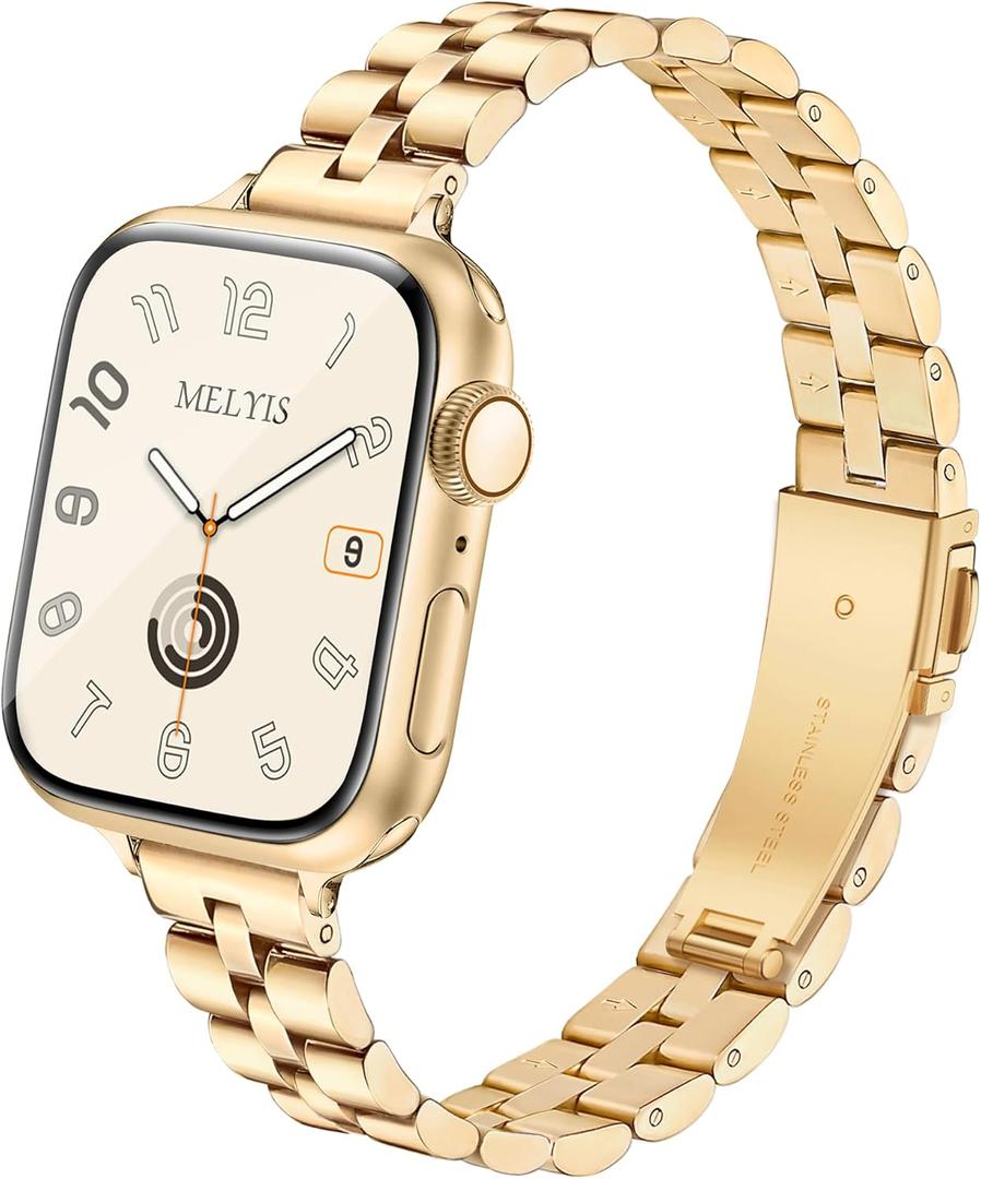Slim Metal Band Fits Apple Watch Bands for Women 42mm (Series 11/10) 40mm 41mm 38mm, Stainless Steel iWatch Bands for Women, Dressy Band for Apple Watch Series 11 10 9 SE 8 7 6 5 4 3, Gold