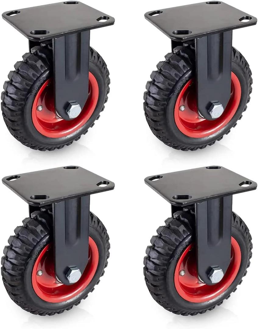 POWERTEC 8 Inch Caster Wheels Set of 4, Heavy Duty Fixed Plate Casters with Rubber Knobby Tread for Workbench, Dolly, Cart, Trolley, Wagon and Chicken Coop, Large Rubber Castor Wheels (17053-P4)