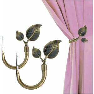 Rbeusau Leaf Shaped Heavy Duty Curtain Holdbacks 2pcs, Traditional Style Antique Brass Handmade Metal Curtain Tiebacks for Wall, Curtain Tie Hook Pull Backs for Drapes Window Home Decoration