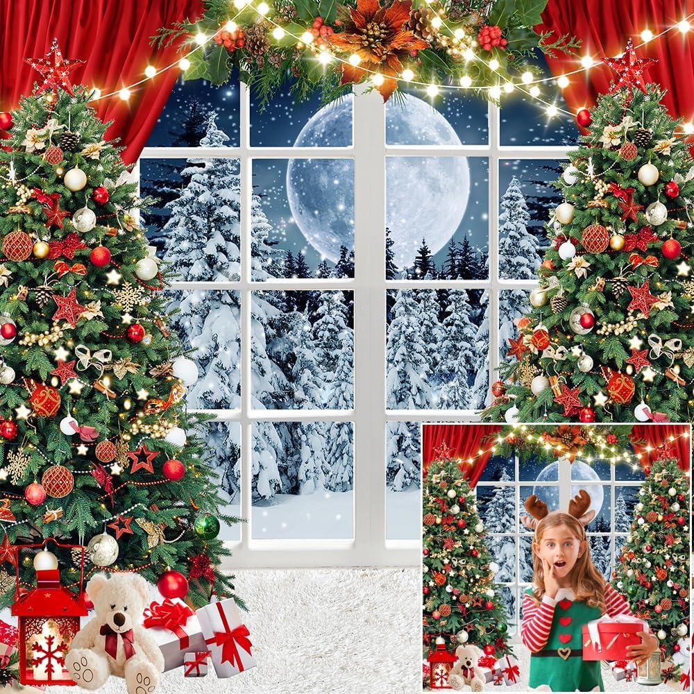 CYLYH 10x10ft Christmas Backdrop Christmas Window Backdrop for Photography Winter Xmas Tree Snow Gift New Year Party Backdrops Xmas Night Family Party Background