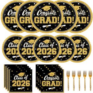Black and Gold Graduation Decorations 2026,200Pcs Black Gold Graduation Plates and Napkins,Forks for Graduation Party Decorations, Class of 2026 Graduation Party Supplies,Serve 50