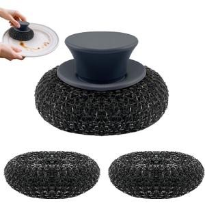 Stainless Steel Wool Scrubber with Rubber Handle & 2 Pads for Cleaning Dishes, Kitchen Pots, Pans, Grills (Grey)