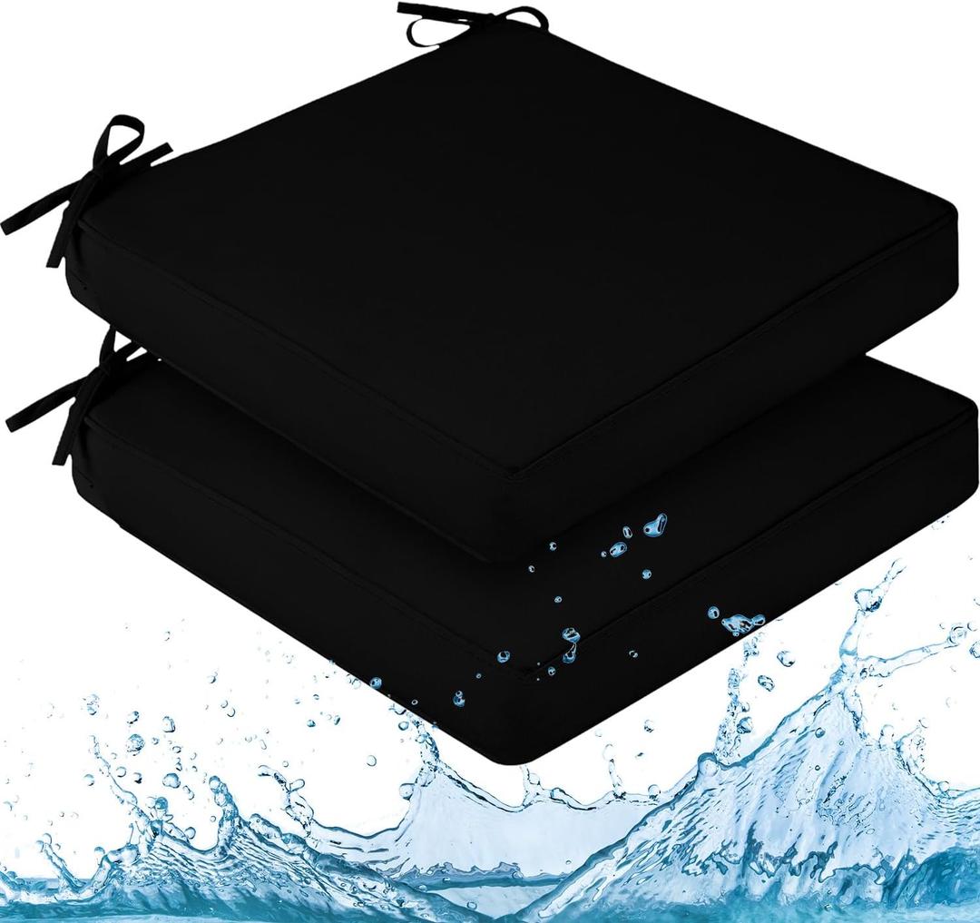 downluxe Waterproof Outdoor Chair Cushions for Patio Furniture, 24" x 24" x 4" Patio Chair Cushion with Adjustable Ties & Portable Handle, Square Outdoor Cushion with Removable Cover, Black, 2 Pack