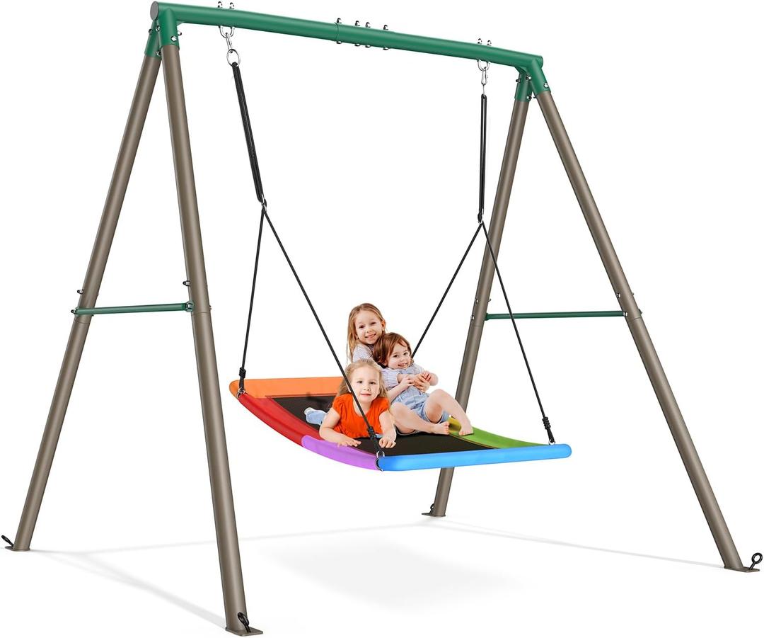 Trekassy Swing Sets for Backyard, 440lbs Heavy Duty A-Frame Metal Stand with 60" Large Platform Swing for Outdoor Playground ParkGreen/Tan Frame + Rainbow Swing(Patented)