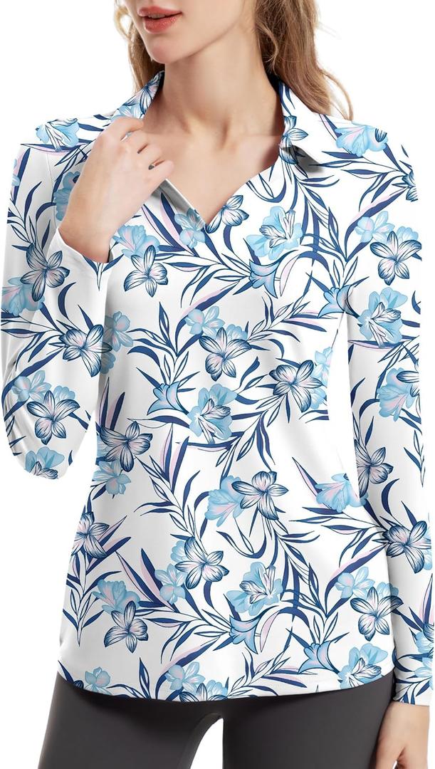 FKEEP Women's Tennis Golf Shirt Long Sleeved Top Sport Activewear V-Neck Workout Athletic (Blue, XS)