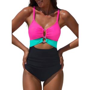 Popvil One Piece Swimsuit for Women 2025 Sexy Neon Swim Suits Cut Out Tummy Control Bathing Suit Braid Color Block Swimwear, Hotpink, Medium