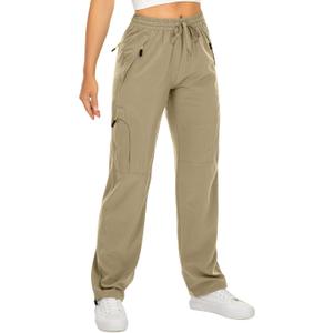 Womens Hiking Pants Quick Dry UPF 50 Lightweight Travel Golf Cargo Safari Pants Zipper Pockets (Large, Khaki)