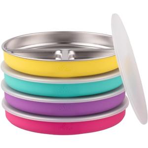 Stainless Steel Divided Plates + Silicone Sleeve and Storage Lid | Baby, Toddler, Kids | Dinner & Snack Plates | 4 Pack (Purple/Pink/Teal/Yellow)