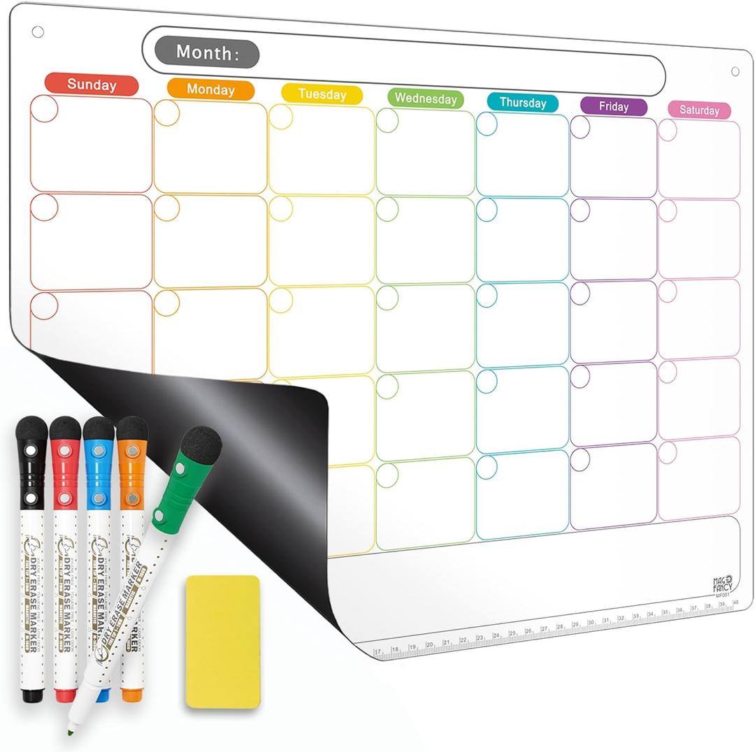Mag-Fancy Dry Erase Calendar Kit- Magnetic Calendar for Refrigerator - Monthly Fridge Calendar Whiteboard with Extra-Thick Magnet Included 5 Marker & Eraser