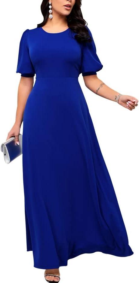 SperLucky Maxi Dresses for Women Elegant Long Dress Short Sleeve Dress Casual Round Neck Floral Print Loose Party Dress (X-Large)