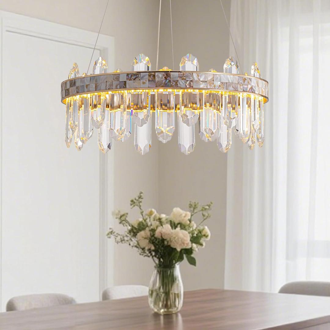 SNZ Gold Modern Round LED Crystal Chandelier, 17in Chandelier Light Fixture with Natural Shell Inlay, 3 Colors Stepless Dimmable Chandeliers for Kitchen Island Bedroom Living Room