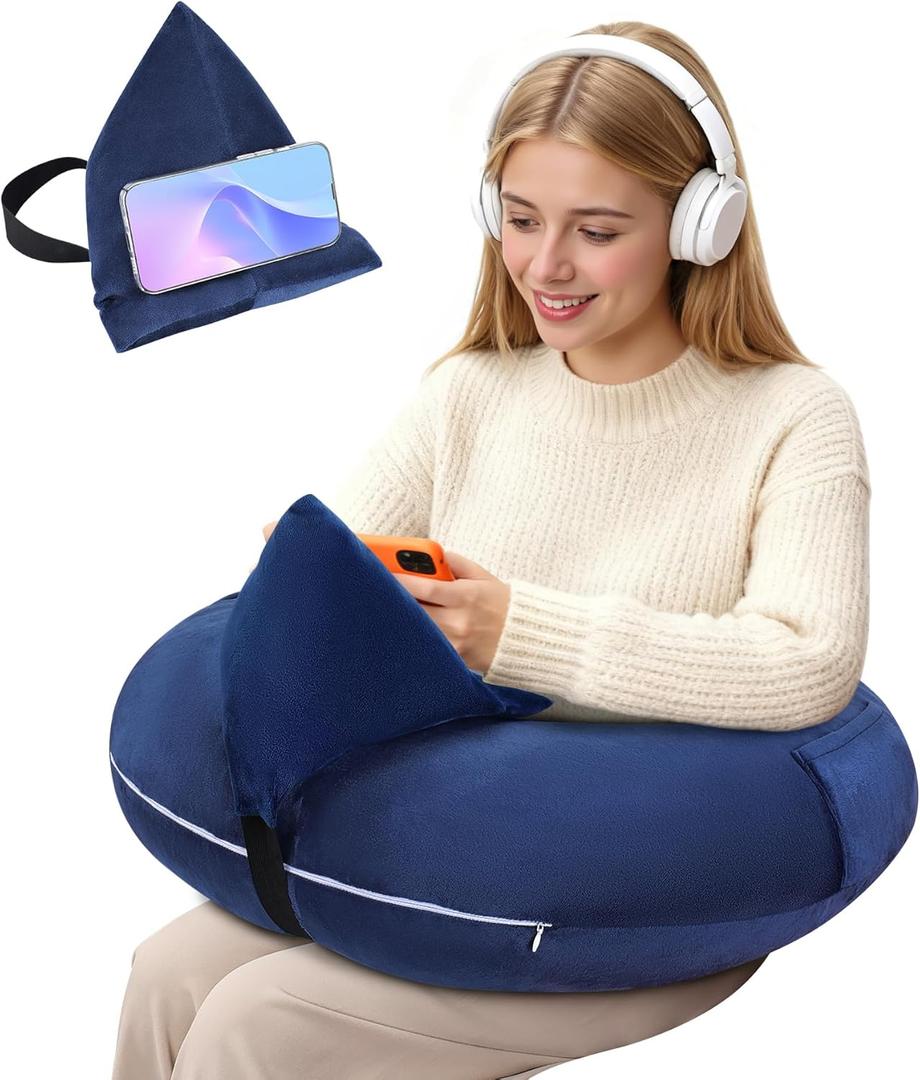 Crochet Lap Support Pillow - Multi-Purpose Reading Pillow for Gaming/Working/Nursing, with Removable Extra Back Pillow for Lumbar & Back Support, Enlarged U-Shape Gaming Lap Pillow, Blue