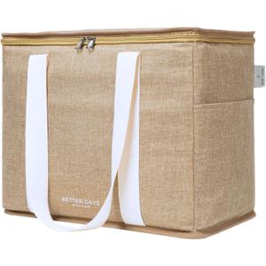 Reusable Insulated Grocery Bag - Leak Proof, X Large Insulated Cooler Bag - Insulated Shopping Bags for Groceries - Travel Cooler Bag for Frozen and Hot Food with Zippered Top (Jute Cream)