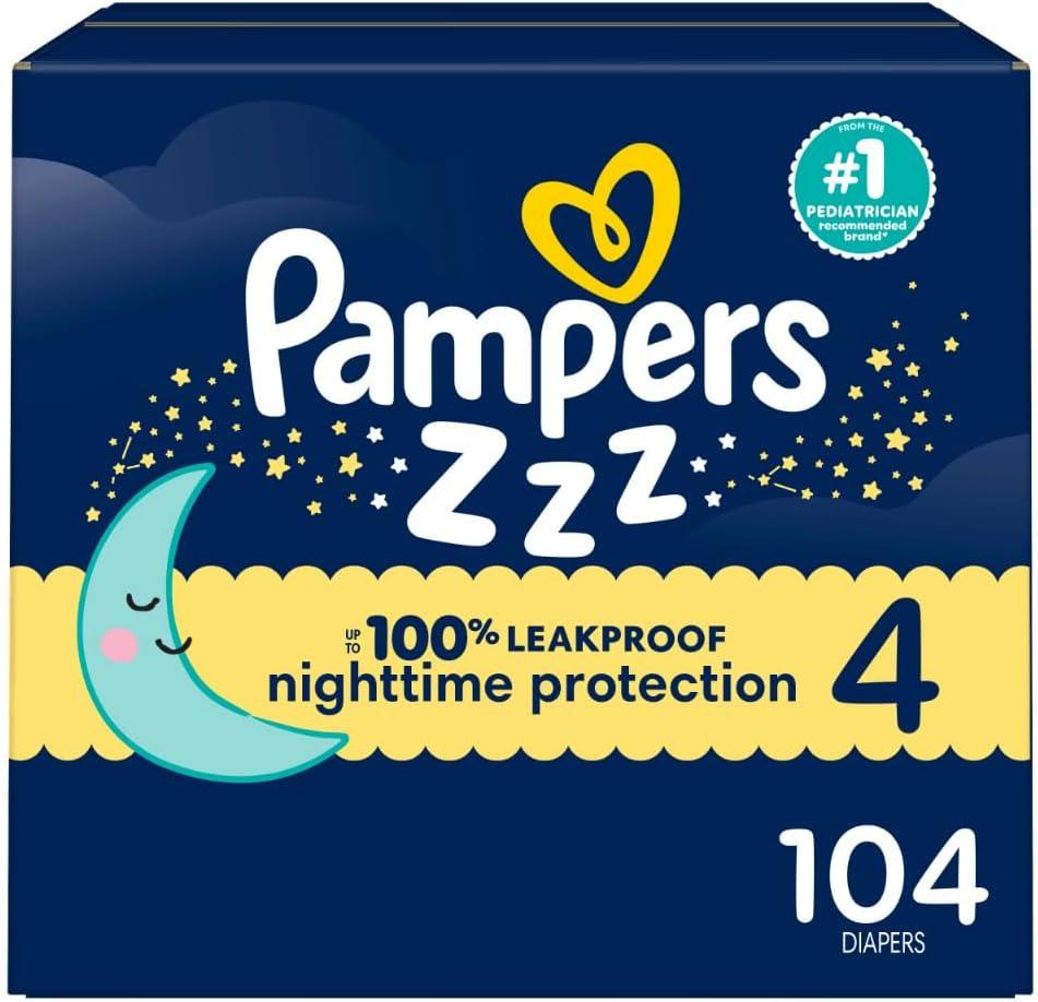 Pampers ZZZ Overnight Diapers, Size 4 (22-37 lbs), 104 Count, Nighttime Protection Disposable Baby Diaper, Night Time Leak and Skin Protection