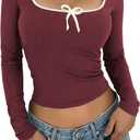 Verdusa Women's Color Block Scoop Neck Bow Decor Long Sleeve Casual T Shirts (X-Large, Burgundy)