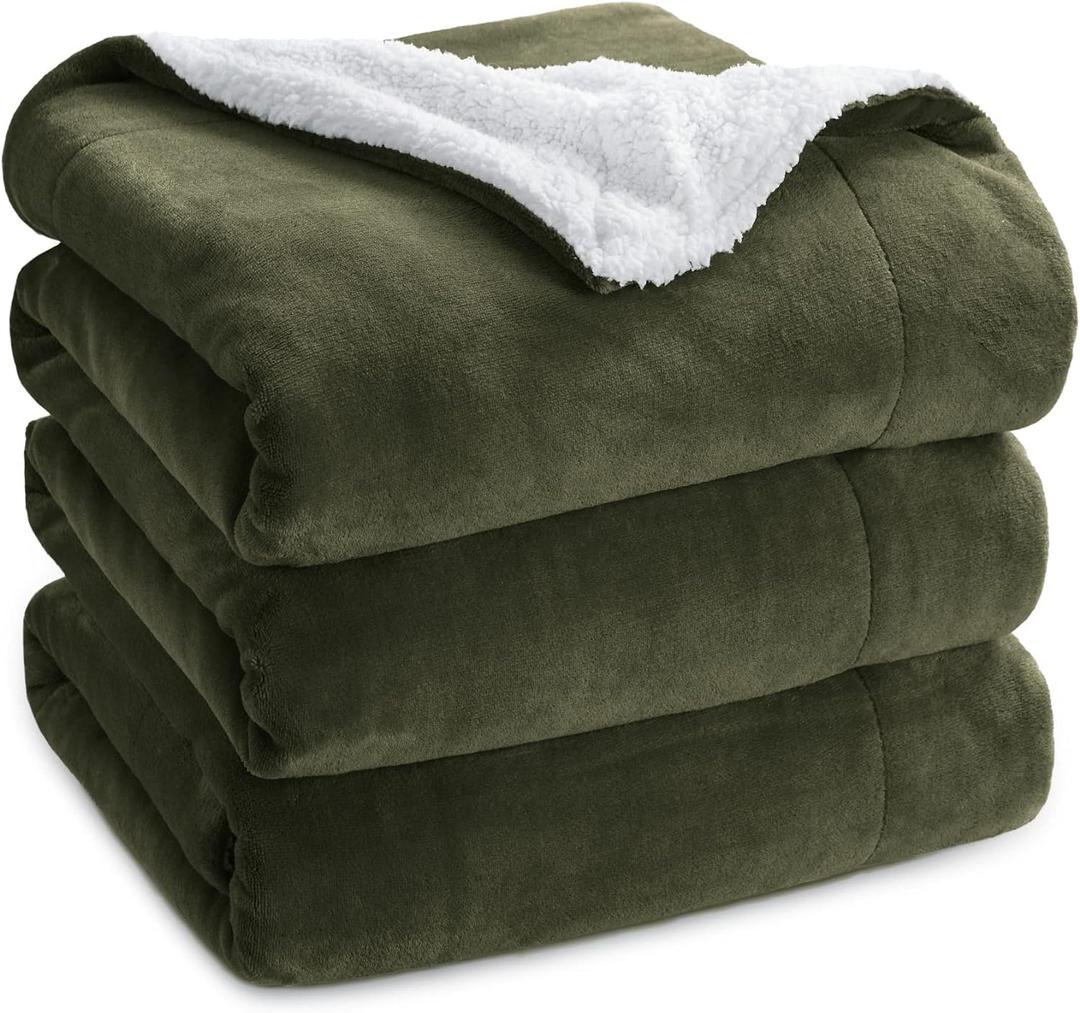 Bedsure GentleSoft Sherpa Fleece Blanket Queen Size for Bed, Non-Heated, Thick and Warm Throw for Women and Men, Soft Fuzzy Plush Queen Blanket for Winter, Olive Green, 90x90 Inches