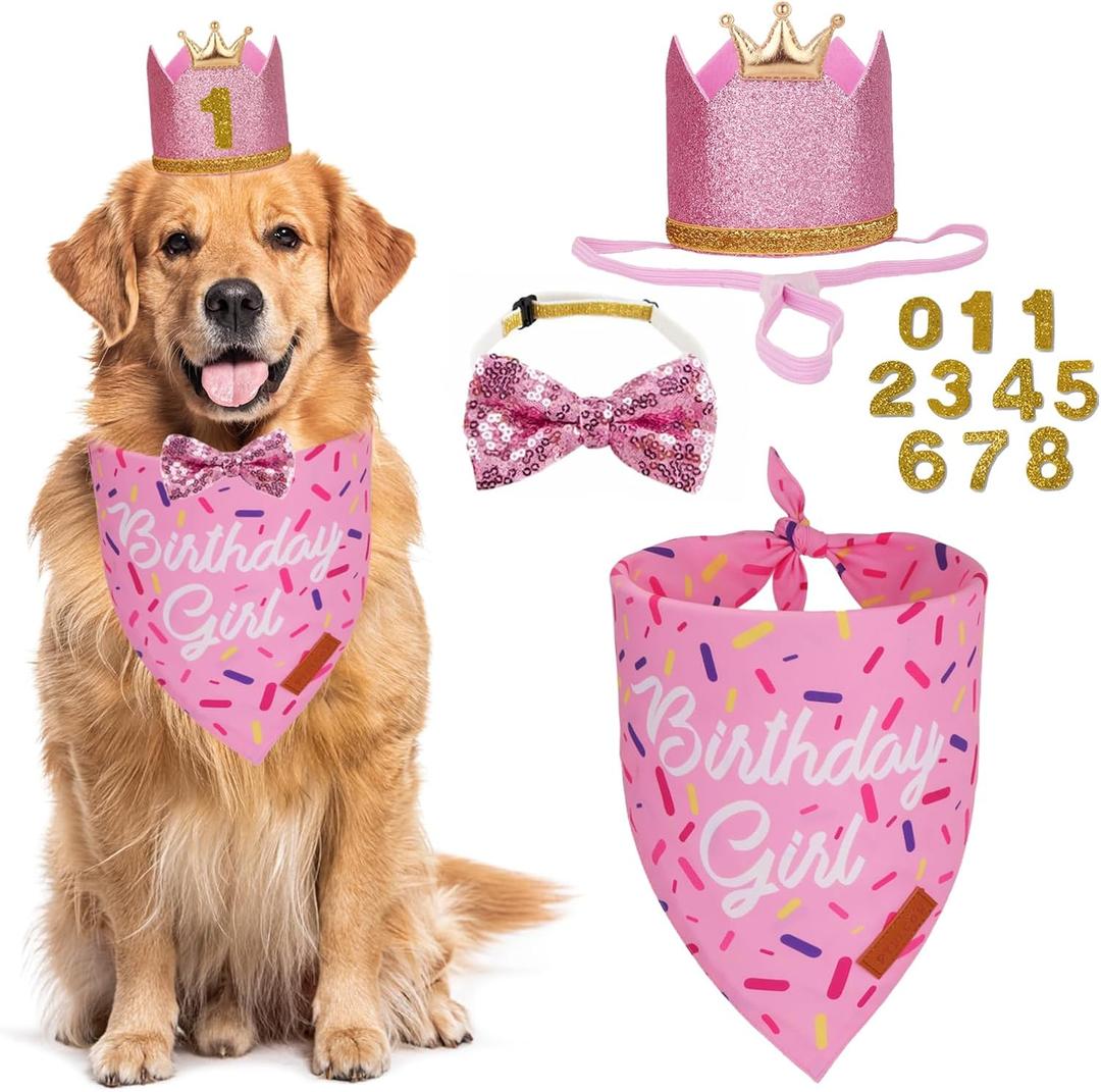 PTDECOR Dog Birthday Party Supplies, Multi Size Birthday Girl Bandana, Pink Crowns Hat Set for Large X-Large Pets (X-Large)