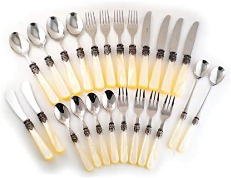 EME Napoleon Cutlery Set Stainless Steel Spoon Fork Knife Coffee Spoon Cake Fork Butter Knife Juice Spoon Ivory 24 pcs Set