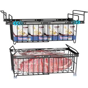 iSPECLE Freezer Organizer Bins - 1 Pcs Large Stackable Baskets & 1 Pcs Hanging Deep Freezer Organizer Bins for 10 to 20 Cu.Ft Chest Freezer Easily Gets Bottom Food, Expandable Adds Space, Black