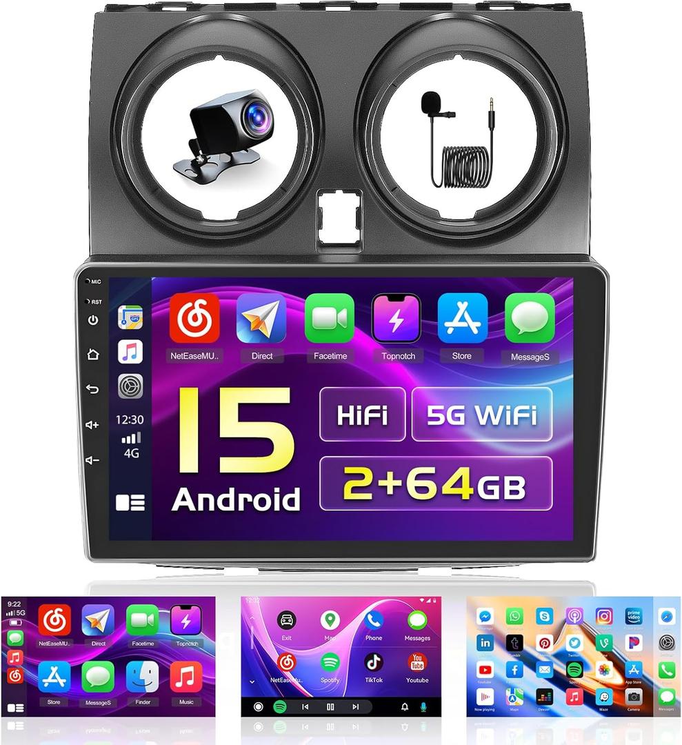 [2+64G] Hikity Android 15 Car Stereo for 2006-2016 Nissan Rogue Qashqai Radio Wireless Carplay Android Auto, 9 Inch Touchscreen GPS SWC HiFi/FM 5G WiFi Bluetooth Backup Cam MIC