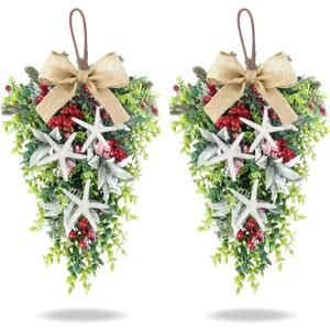 2 PCS 24" Christmas Starfish Teardrop Swag Rustic Farmhouse Wreath with Green Leaves Red Berries Hanging Swag for Xmas Winter Front Door Indoor Outdoor Pillar Porch Wall Cabinet Window Home Decor