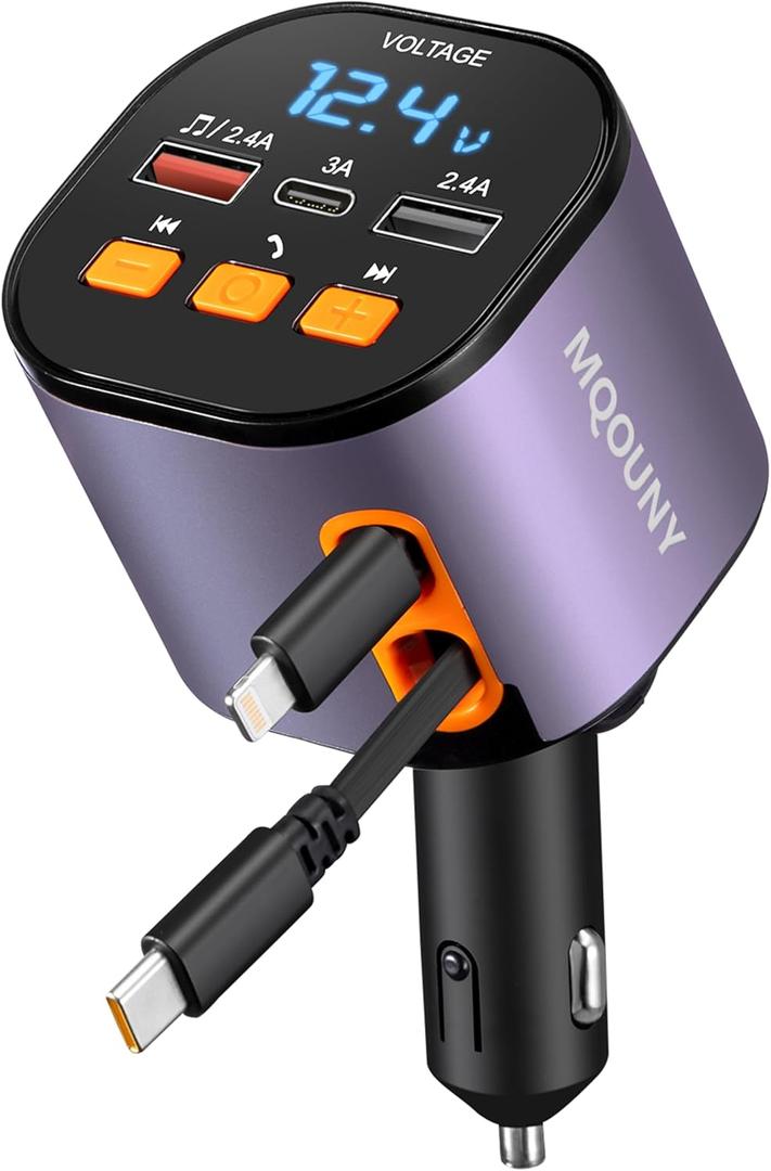 Retractable Car Charger,5 in 1 Fast Cars Phone Charger 90W,Bluetooth 5.3 FM Transmitter Adapter,Handsfree Call,2 Retractable Cables and USB Chargers for iPhone17/ 16/15/14/13/Samsung (Purplr)