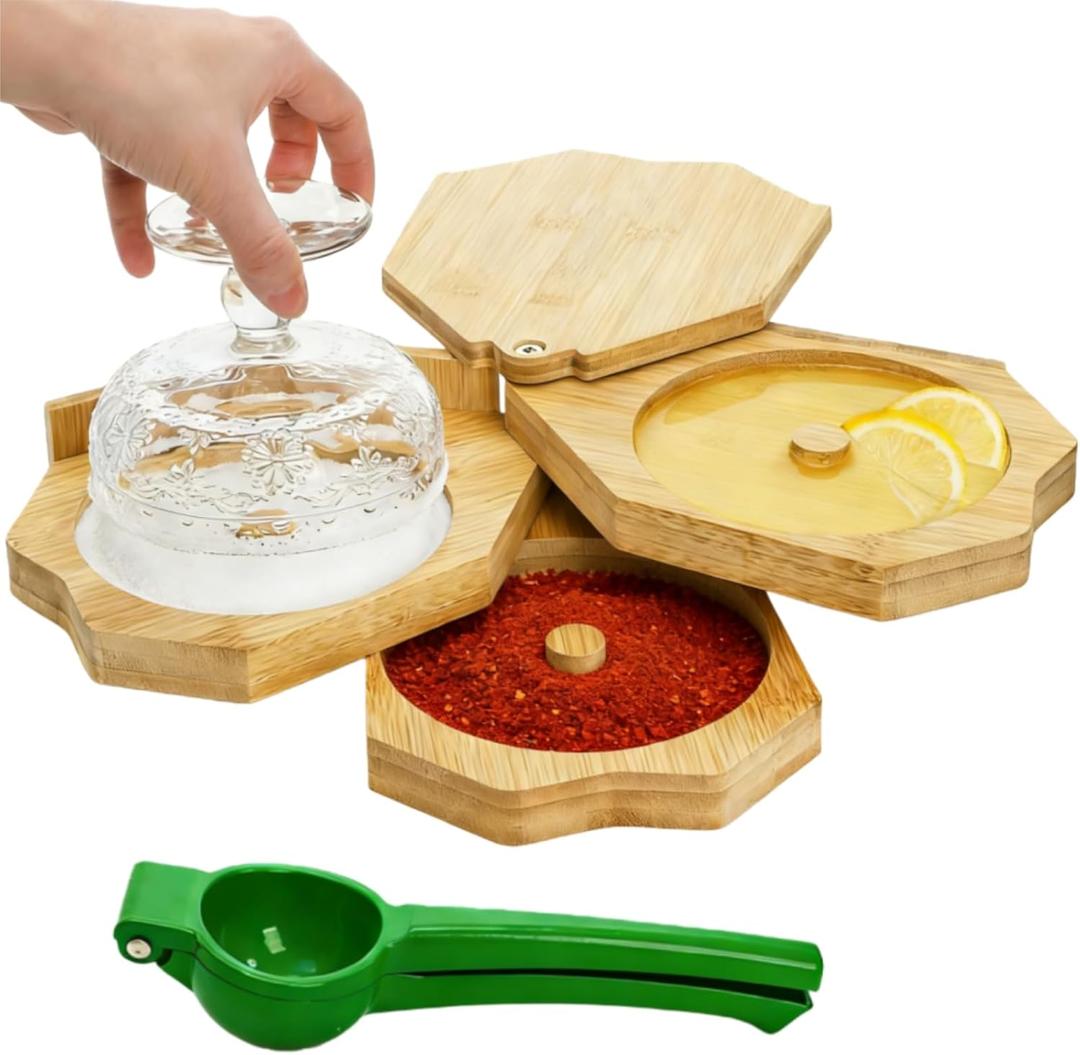 Margarita Salt Rimmer Set, 3 Tier Bamboo Glass Rimmer with Citrus Juicer, Bar Accessory Spice Container for Bartender, Drinks, Cocktail, Bloody Mary
