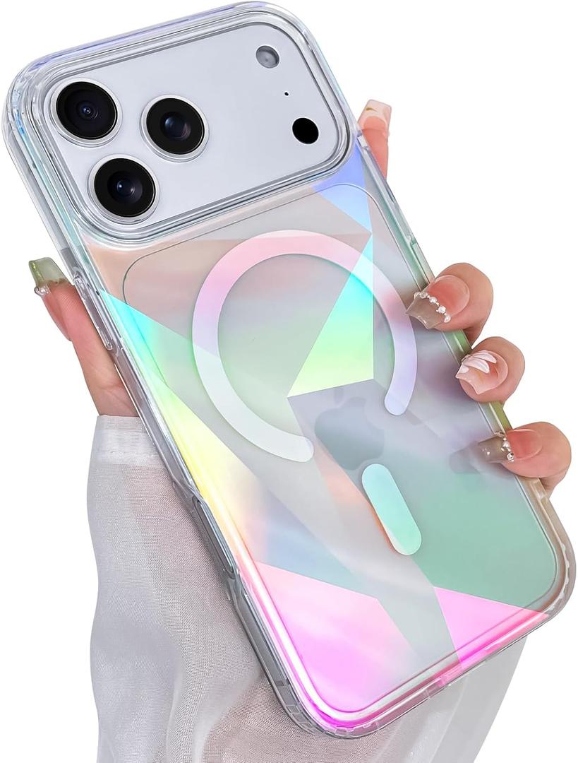 Heaofei Cute Case for iPhone 17 Pro Max Case for Women Girls [ Compatible with Magsafe ] Clear Glitter Girly Aesthetic Rainbow Sparkly Bling Magnetic Phone Cover, Iridescent Geometry